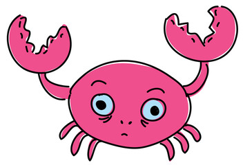 pink surprised crab with blue eyes raised its claws up