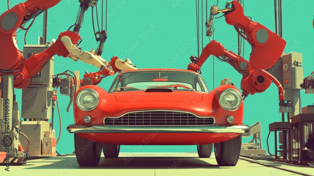 Poster vibrant car moving down assembly line with robots