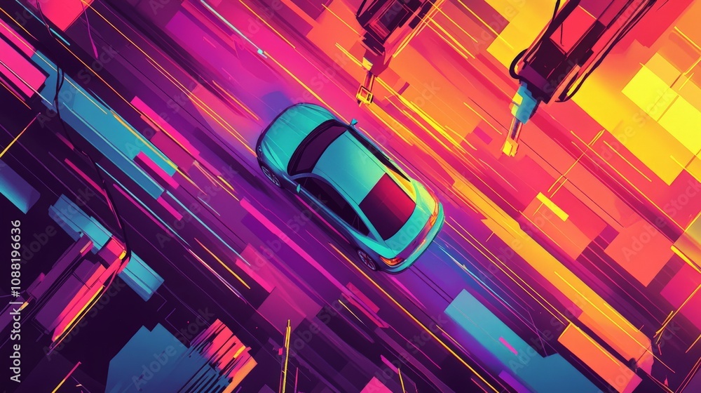 Poster vibrant car moving down assembly line with robotics