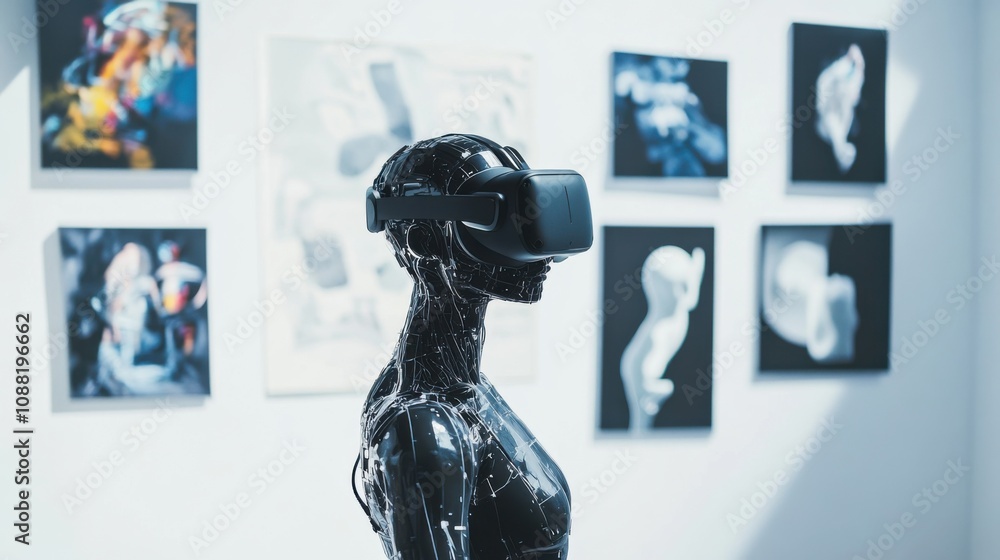 Poster a robotic artist creating digital sculptures in a virtual reality art studio, artistic and immersive
