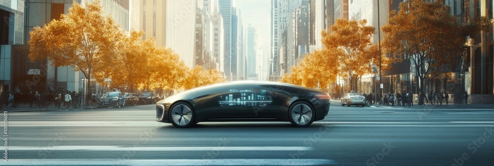 Fototapete a self-driving car moves smoothly through an urban environment, highlighting its onboard ai systems 