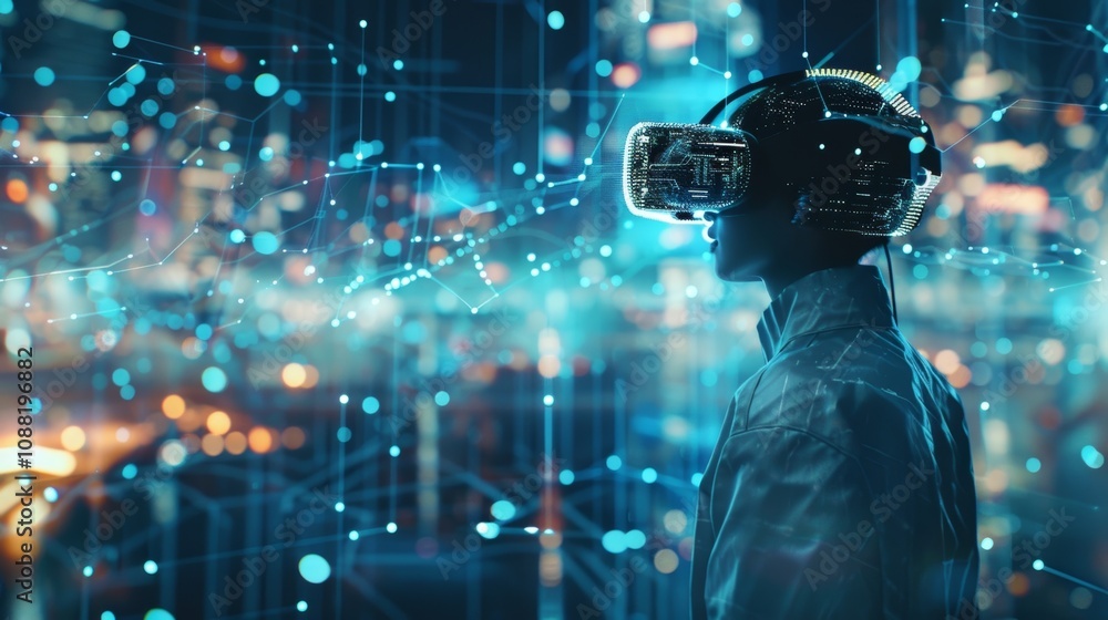 Poster software engineer wearing virtual reality headset exploring glowing lines and dots cityscape network