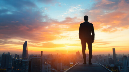 Fototapeta premium businessman stands on rooftop, gazing at vibrant sunset over city skyline, symbolizing ambition and opportunity