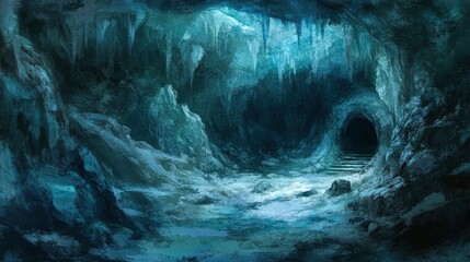 Mysterious ice cave with shimmering crystals and dark entrance