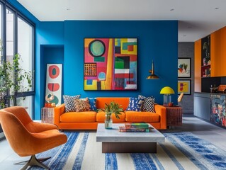 Vibrant Living Room With Orange Sofa And Abstract Art