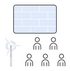 Wind turbine five people, rectangular screen. Ideal for presentations, education, renewable energy, teamwork, technology, audience engagement, sustainability Line metaphor