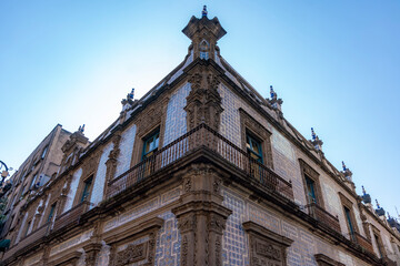 The iconic Casa de los Azulejos in Mexico City, a historic building adorned with stunning blue and...