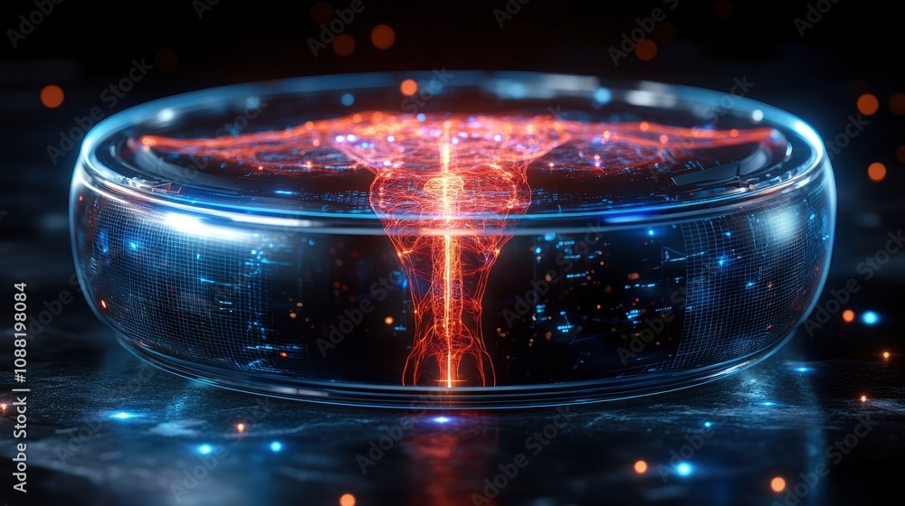 Poster futuristic technology hub with glowing digital patterns and designs