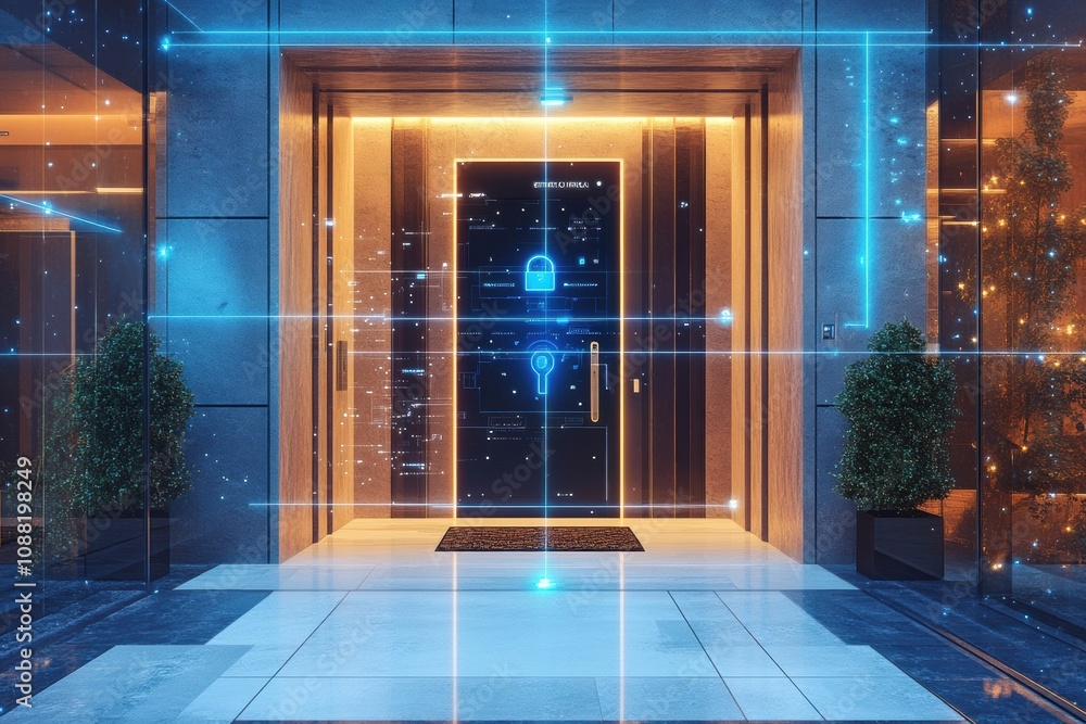 Leinwandbilder the entrance of a futuristic home showcases advanced security features with smart cameras, motion se