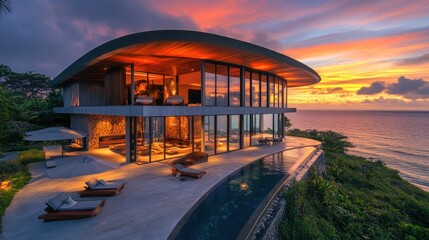 Modern house with a barrel roof, seaside view, luxury design, large windows, sunset light,