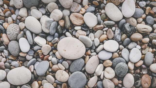 Smooth pebbles and stones on a beach with textured gray and white rocks in the background