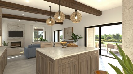 Contemporary kitchen design with cozy living area and natural light