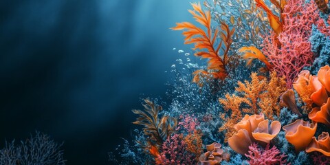 Obraz premium Vibrant Underwater Coral Reef Scene Ocean Life Seaweed Marine Plants Text Space