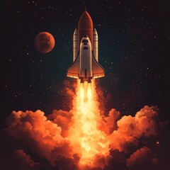 Obraz premium A rocket launching into space, surrounded by clouds and stars, symbolizing exploration.