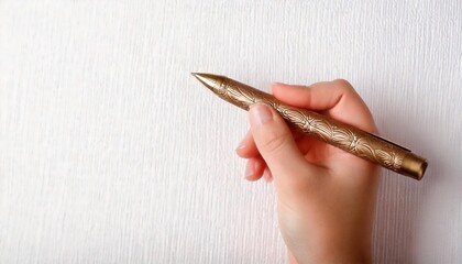 Golden Pen in Hand: Elegance and creativity meet in this close-up shot of a hand delicately holding a luxurious gold pen, poised for writing or signing.  A subtle image perfect for themes of luxury.