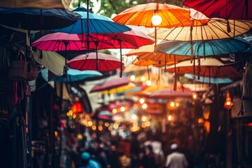 Vibrant Islamic Marketplace Under Colorful Umbrellas