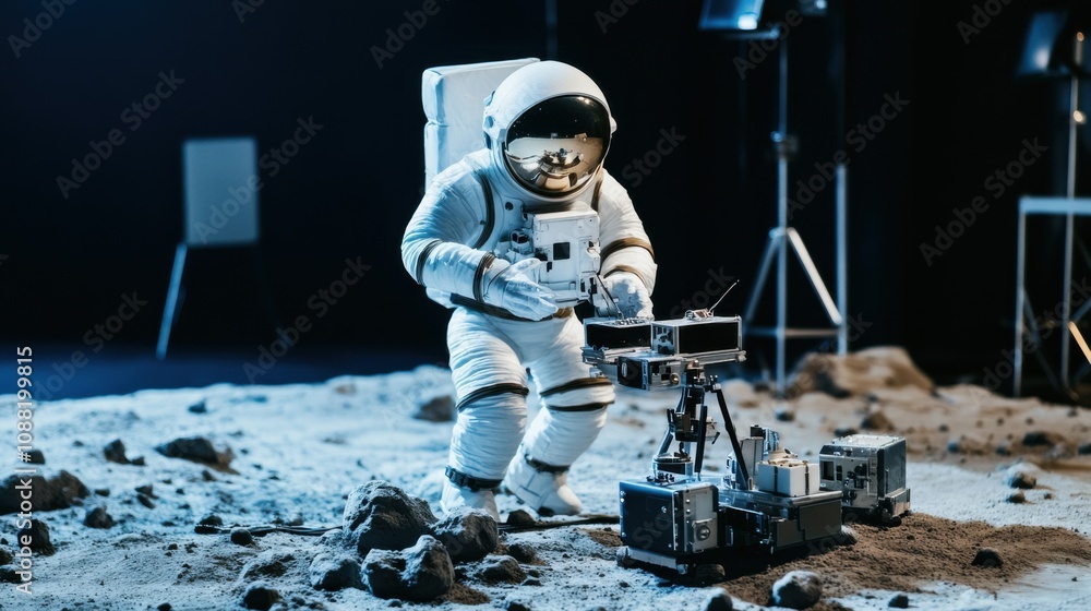Aufkleber a robotic astronaut conducting experiments on a lunar research base, lunar and scientific setting wi