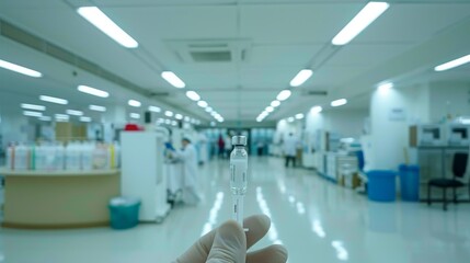 Healthcare professional holding vaccine vial in modern clinic, symbolizing public health efforts and vaccine coverage.	