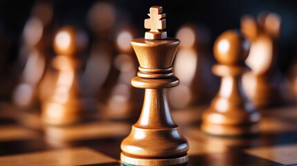 Chess king piece in focus with blurred pawns in background, symbolizing strategy and competition