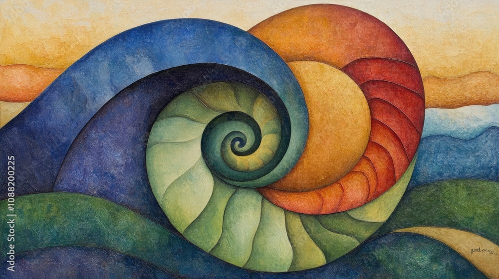 Poster abstract spiral artwork representing nature's patterns and colorful forms