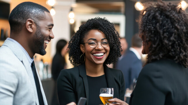 joyful group of professionals engaging in conversation at networking event, showcasing camaraderie and connection. atmosphere is vibrant and lively, highlighting importance of social interactions in