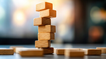 Wooden blocks stacked in tower, symbolizing strategy and balance. image captures essence of risk taking and business mindset in creative way