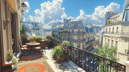 Parisian balcony with city view, flowers, furniture, sunny day.