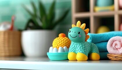 Obraz premium Colorful dinosaur toy with bath accessories on a bright, cheerful bathroom shelf.