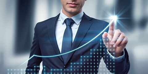 Professional man pointing at a virtual graph on a touchscreen in an office setting