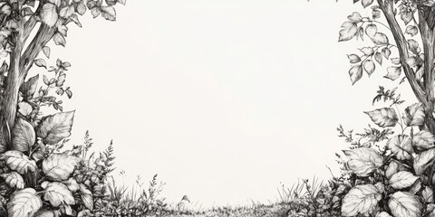 Monochrome Ink Drawing Forest Border Nature Plants Leaves Frame Background Illustration Botanical