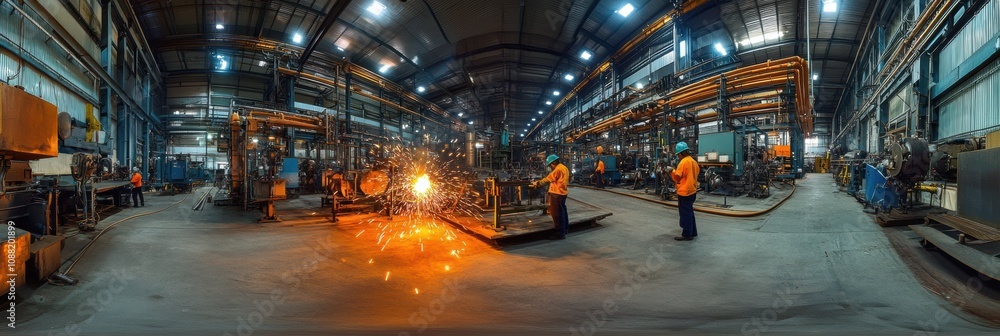 Poster in a spacious industrial workshop, workers are busy welding metal structures, creating bright sparks