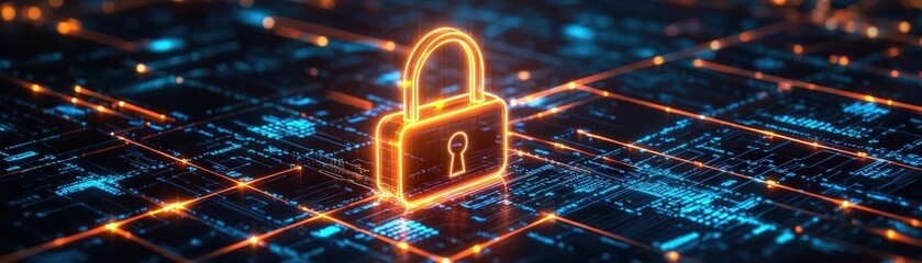 A glowing digital padlock symbolizes cybersecurity amidst a network of interconnected data points.