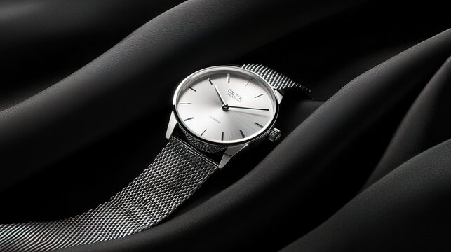 A silver wristwatch with a mesh band lays on black fabric. - Powered by Adobe