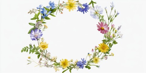 Obraz premium Colorful Wildflower Wreath Floral Frame Spring Flowers Botanical Design Nature Background