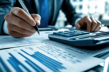 A professional analyzing financial data using a calculator, pen, and documents with graphs and charts.
