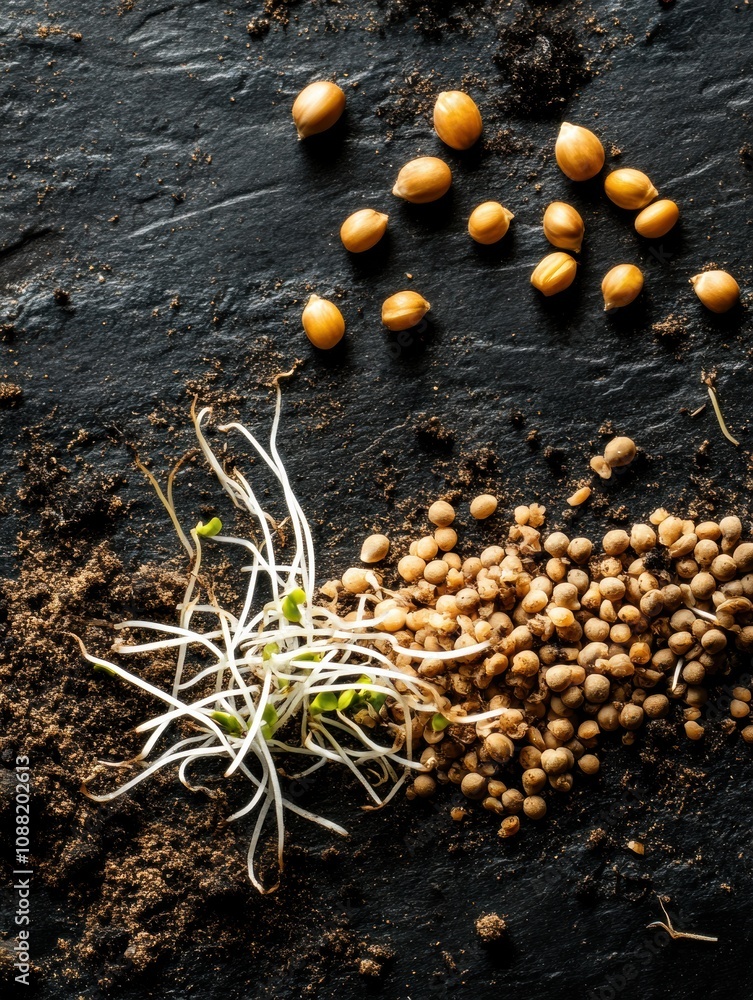 Poster seeds and fresh sprouts rest on dark soil, illustrating the essential stages of plant growth and the