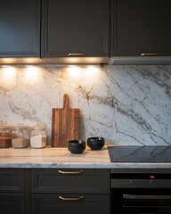 A beautiful kitchen detail with white cabinets, a gold faucet, white marble countertops, and a brown picket ceramic tile backsplash.