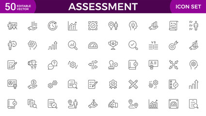 Assessment icons set. Stroke thin line vector illustration with goals, results, process, quality, evaluation, planning, analysis, auditing, financial report, measuring, expertise