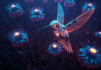 Conceptual illustration of a robotic hummingbird pollinating a field of glowing neon flowers, digital art