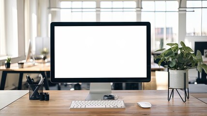 Naklejka premium Modern office desk setup with computer and laptop in an empty workspace