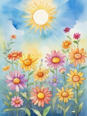 Vibrant watercolor daisies under a bright summer sun
