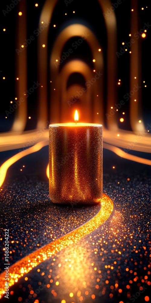 Poster a glowing candle stands at the center, surrounded by shimmering sparkles and illuminated pathways, c