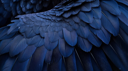 Fototapeta premium Blue Bird Wing Feathers, Closeup Macro, Dark Avian Texture, Deep Blue Plumage, Nature Photography