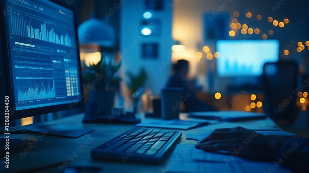 Aufkleber person working late at night on computer analyzing data charts.