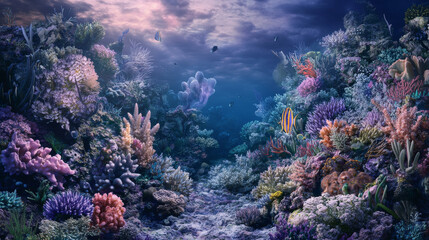Naklejka premium Vibrant Coral Reef Dusk: Underwater Ecosystem, Marine Life, Colorful Corals