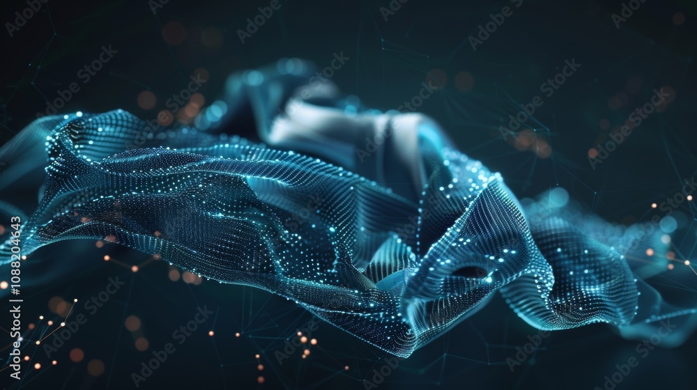 Poster digital data flowing and forming a futuristic blue waving mesh with connecting lines and dots, repre
