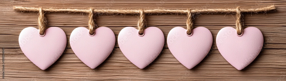 Poster A string of five pink decorative hearts hangs on a rustic wooden background, creating a charming and romantic atmosphere.