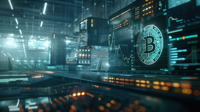 Business virtual screen graph chart digital technology and trader online trading investment in stock market for cryptocurrency money and bitcoins using data in blockchain. 3D illustration banner 
