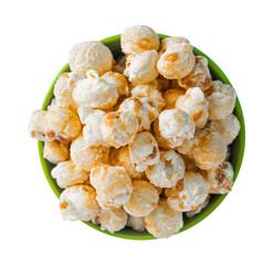 top view of popcorn in a bowl isolated on white