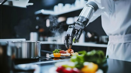 A robotic chef cooking gourmet dishes in a modern kitchen, high-end and sleek setting with advanced culinary tools, Culinary Robotics style